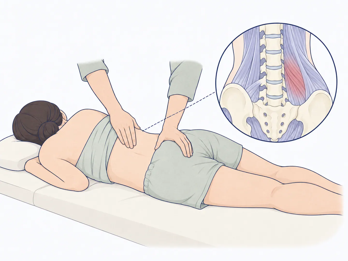 엎드린 환자의 허리와 골반에 치료사의 두 손이 놓이고, 허리 근육을 확대한 도수치료 그림